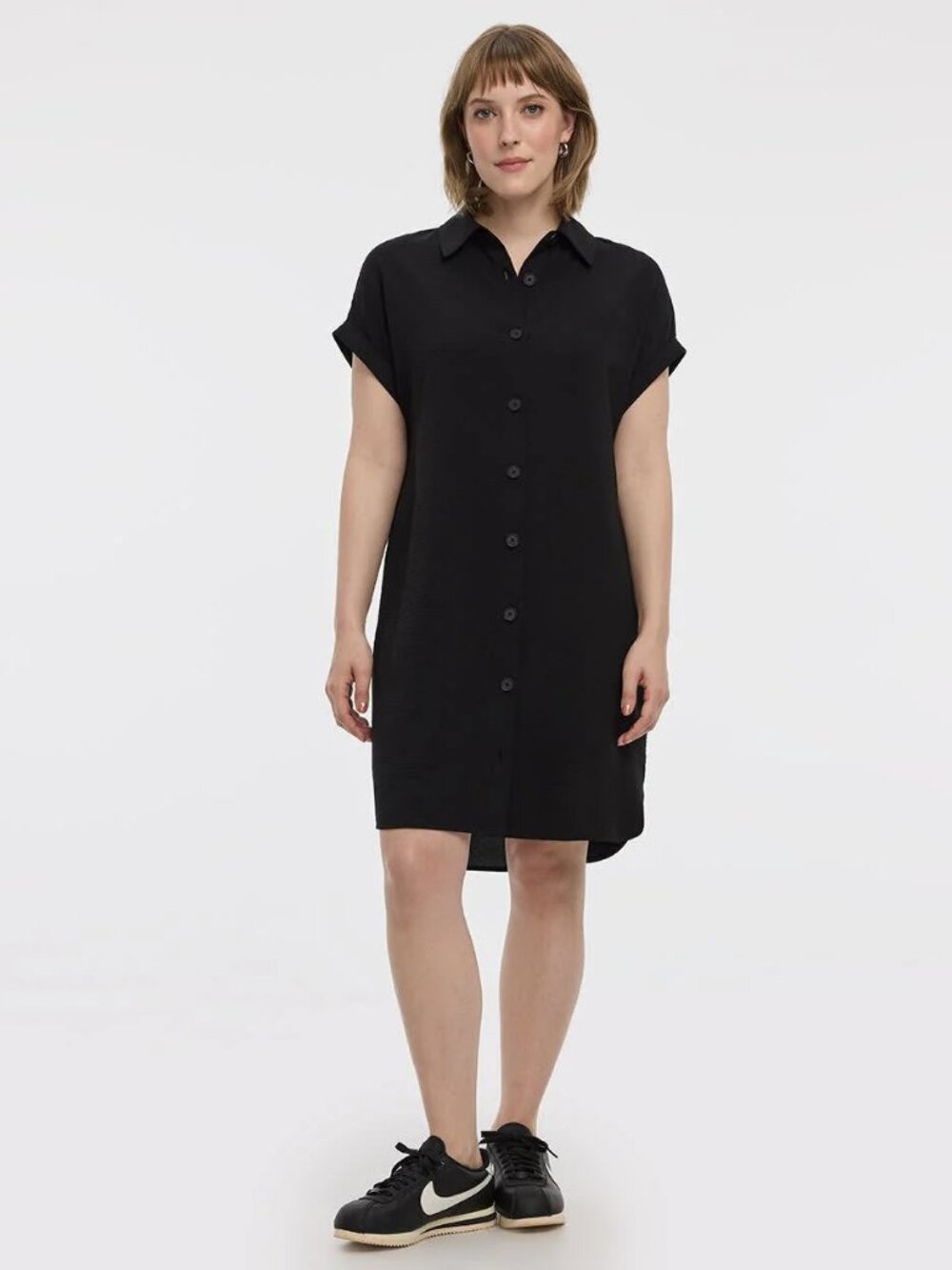 Reitmans Black Short-Sleeve Button-Front Shirt Dress